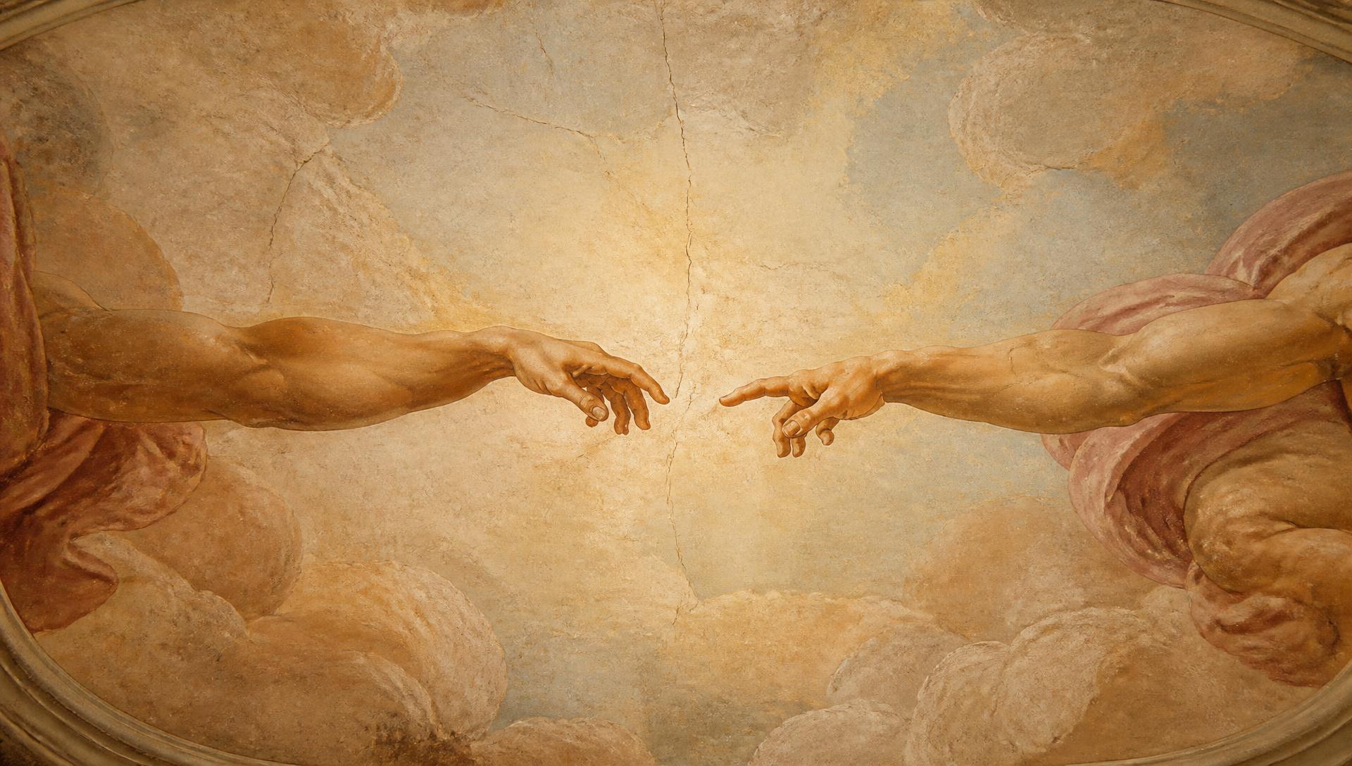 Renaissance fresco of two arms reaching toward one another, fingertips almost meeting