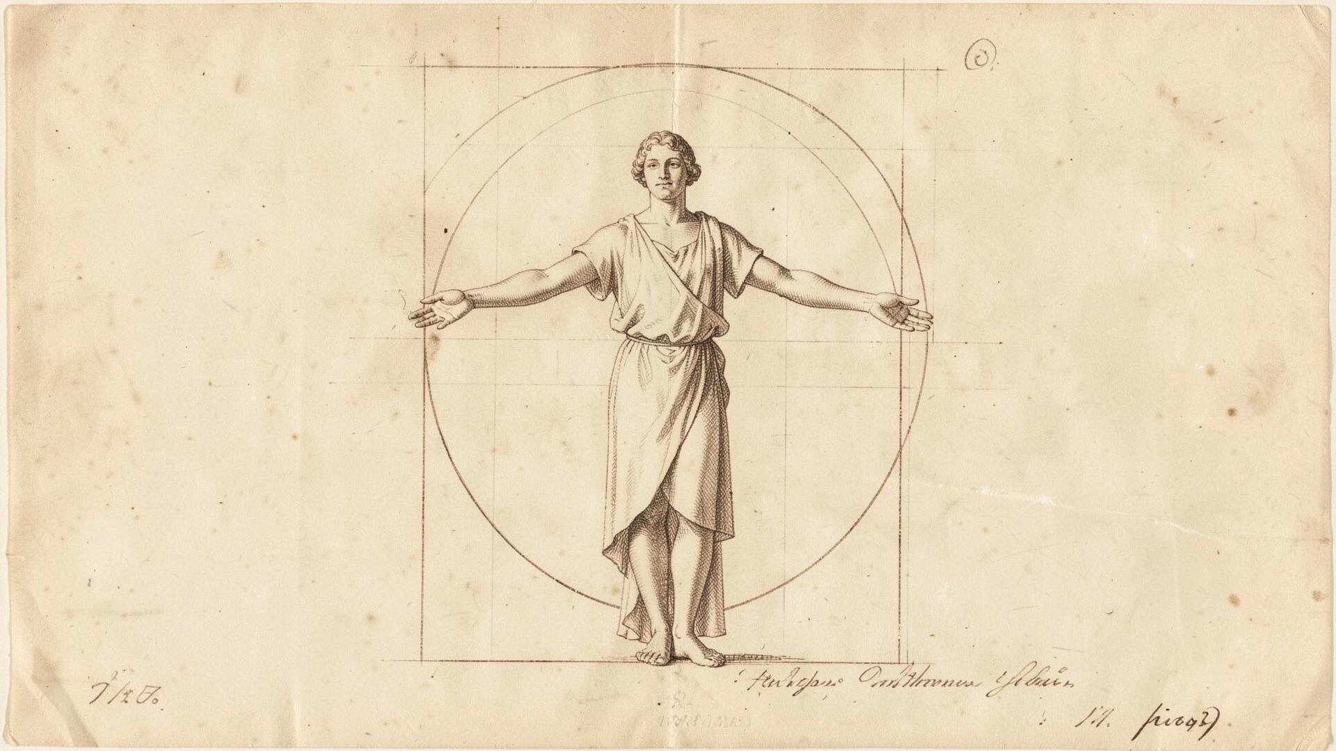 Antique proportion study of a human figure inscribed in a circle and square, slowly coming to life